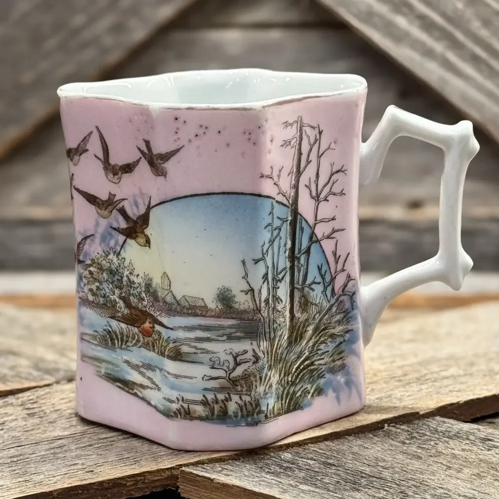 19th Century Victorian Pink Bone China Wishbone Handled Cup w/ Winter Landscape